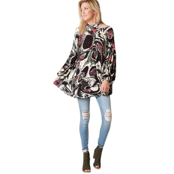 Free People Tops - Free People Drift Away High Neck Balloon Sleeve Cold Shoulder Artsy Tunic Shirt